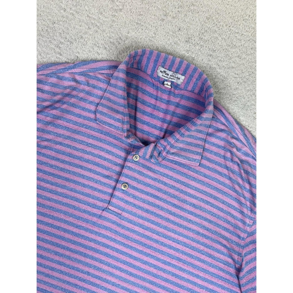 Peter Millar Summer Comfort Polo Shirt Mens Large Blue Pink Stripe Golf Stretch